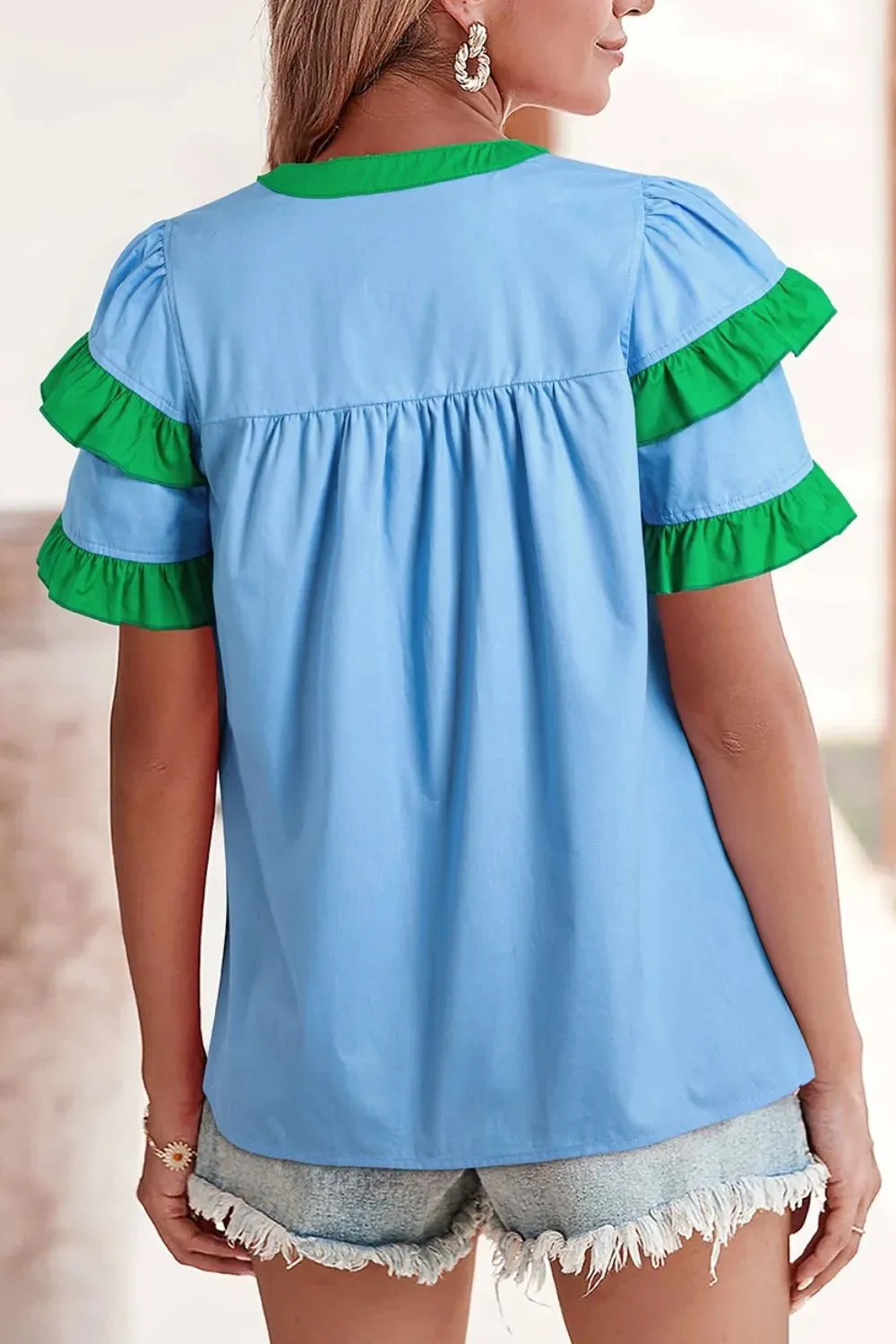 Contrast Notched Neck Frilly Detail Short Sleeve Blouse sold by Charming Charlie product image thumbnail 2