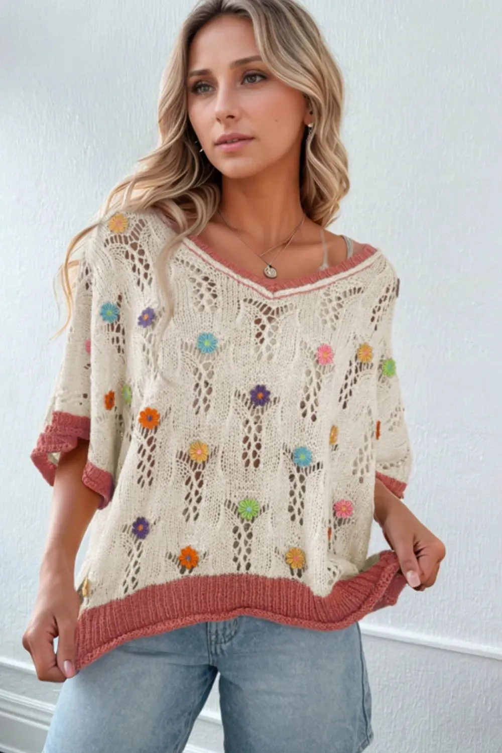 Openwork Flower Half Sleeve Knit Top sold by Charming Charlie product image thumbnail 2
