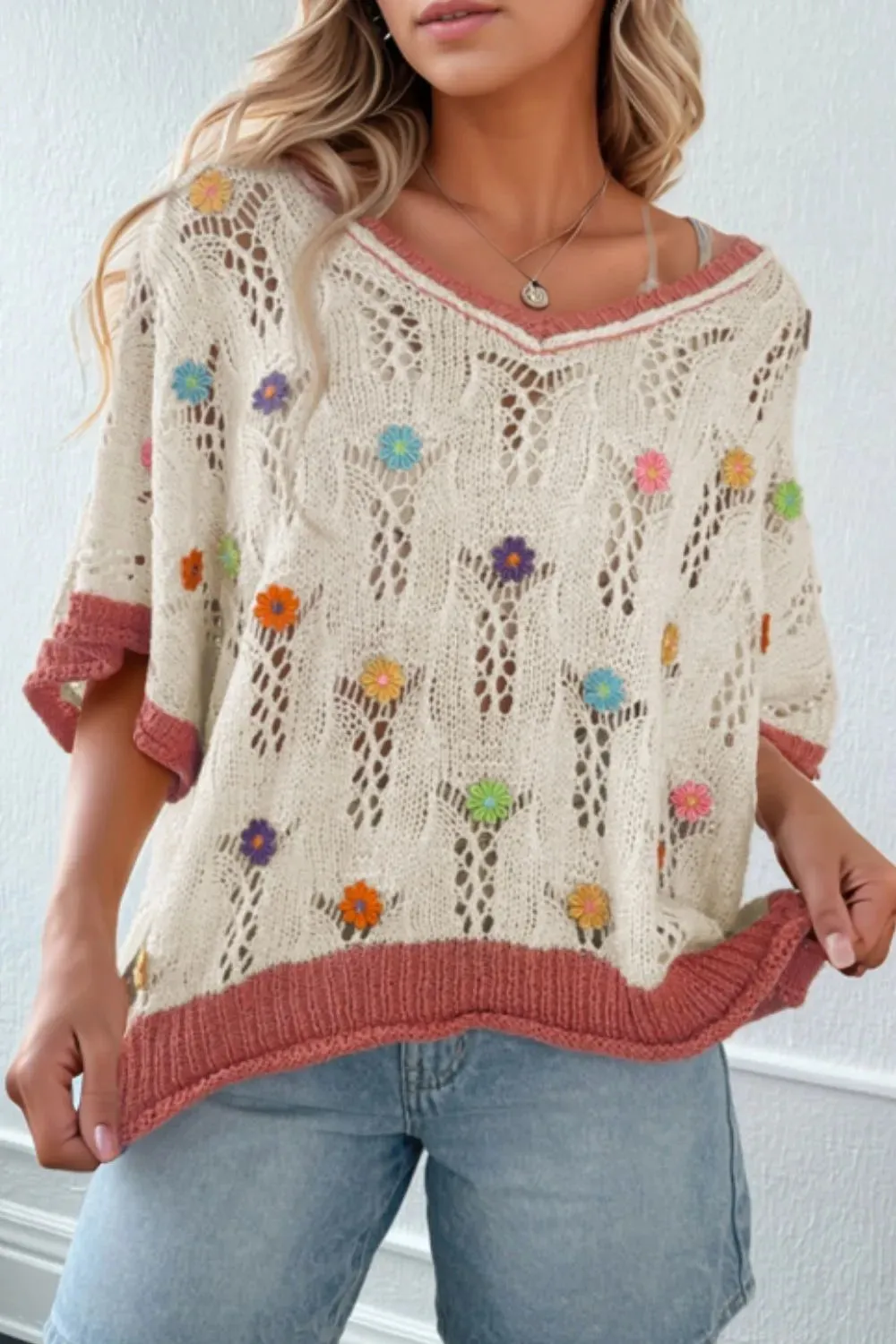 Openwork Flower Half Sleeve Knit Top sold by Charming Charlie