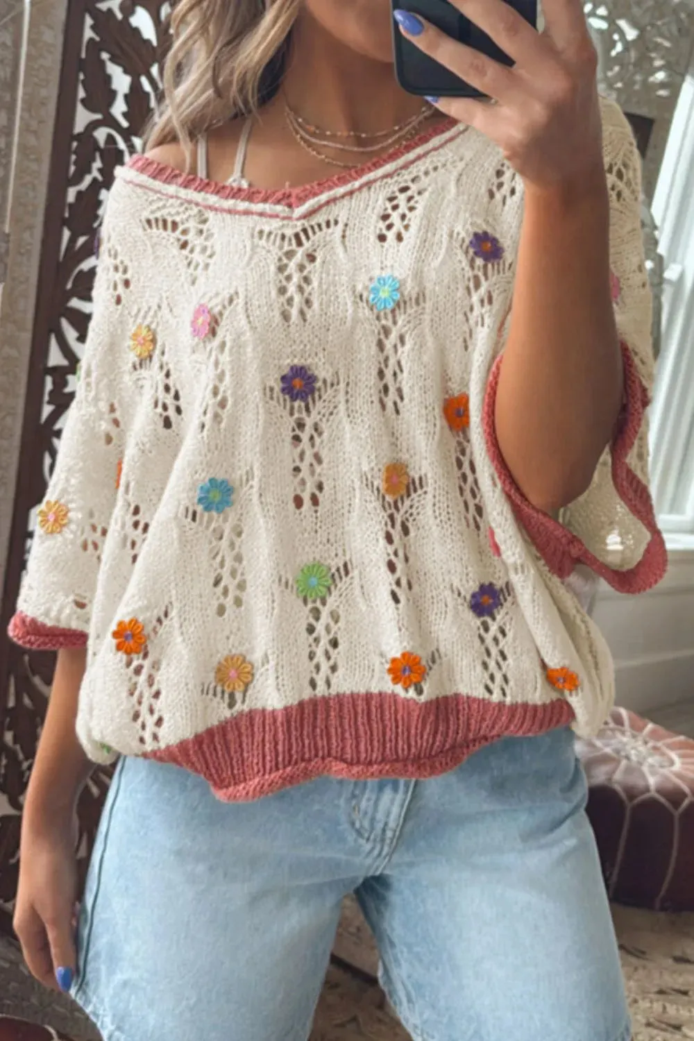 Openwork Flower Half Sleeve Knit Top sold by Charming Charlie product image thumbnail 5