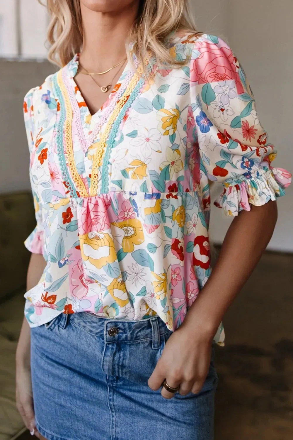 Boho Flower Print Half Puff Sleeve Blouse sold by Charming Charlie product image thumbnail 4