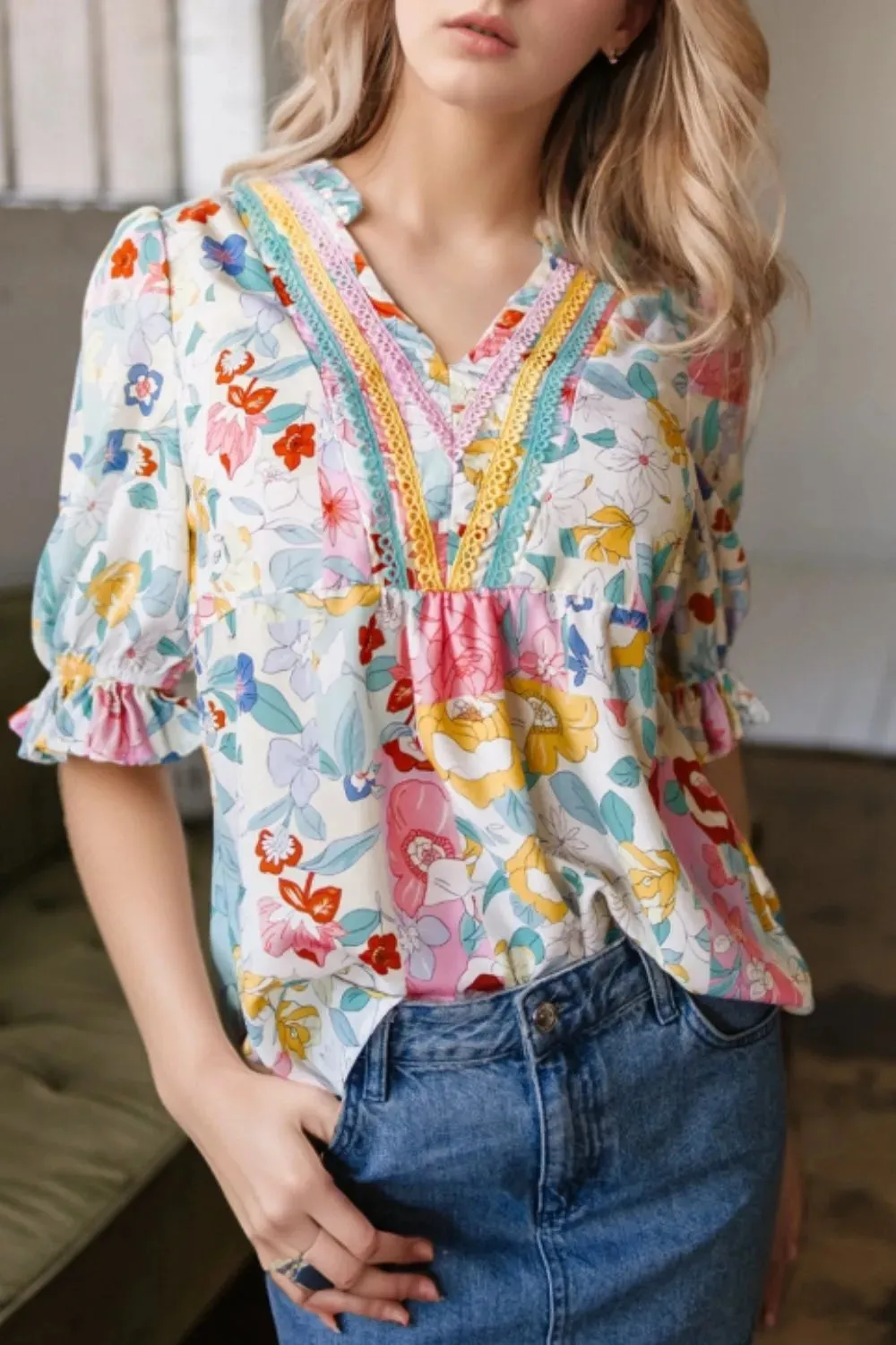Boho Flower Print Half Puff Sleeve Blouse sold by Charming Charlie product image thumbnail 2