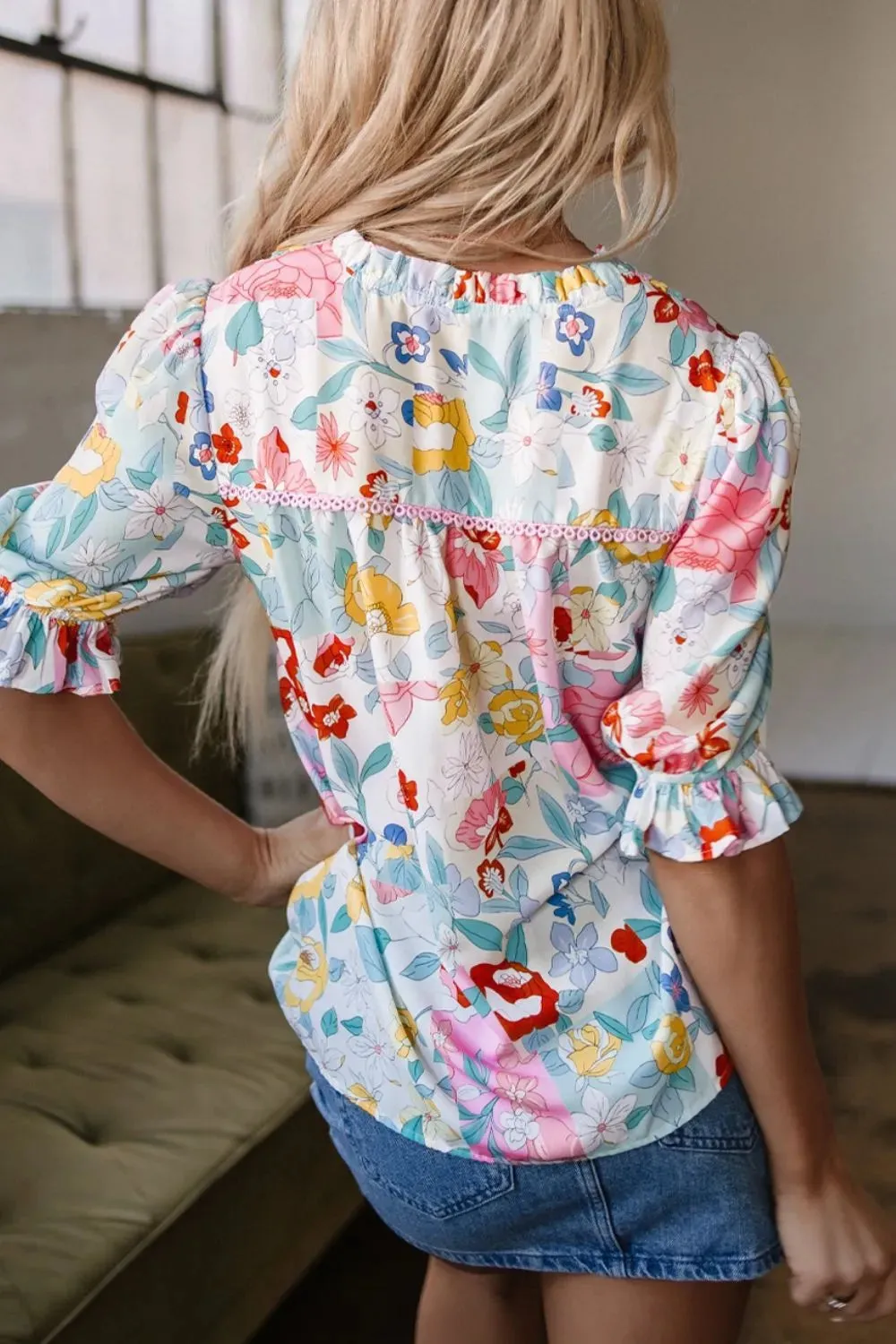 Boho Flower Print Half Puff Sleeve Blouse sold by Charming Charlie product image thumbnail 3