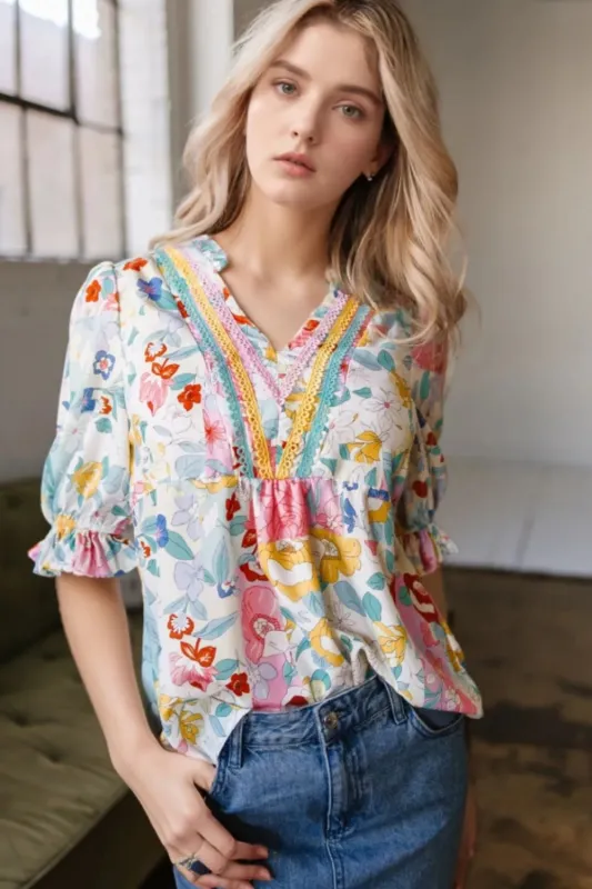 Boho Flower Print Half Puff Sleeve Blouse sold by Charming Charlie