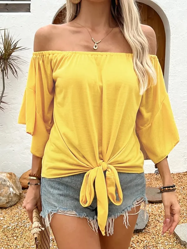 Tied Solid Off-Shoulder Blouse sold by Charming Charlie