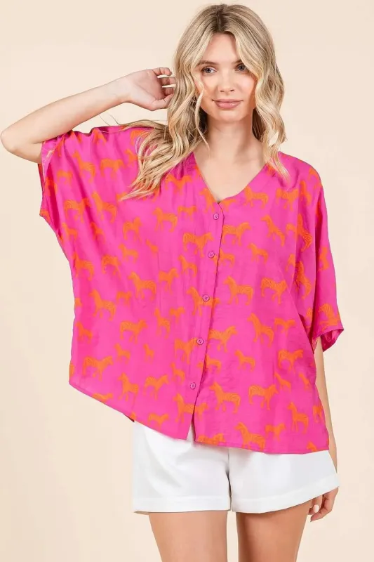Mittoshop Zebra Print V-Neck Button Down Dolman Sleeve Top sold by Charming Charlie