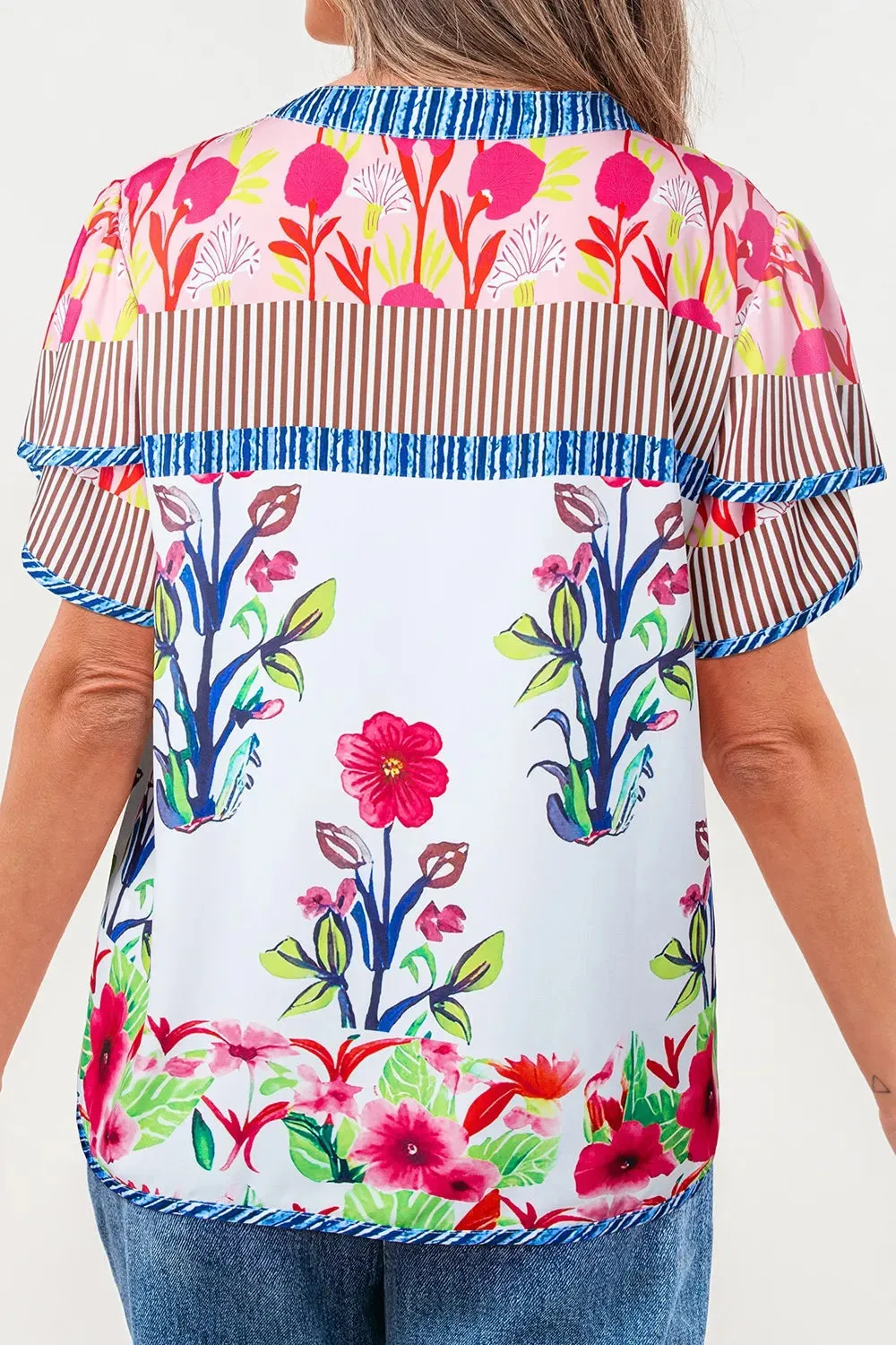 Floral Striped Patchwork Short Sleeve Split Neck Blouse sold by Charming Charlie product image thumbnail 2