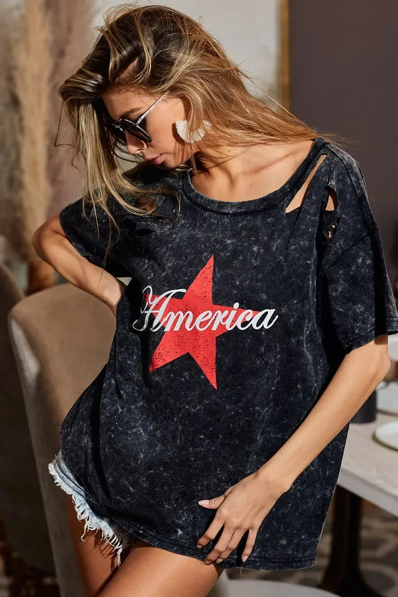 BiBi Laser Cut Mineral Washed Jersey Top with America sold by Charming Charlie product image thumbnail 2