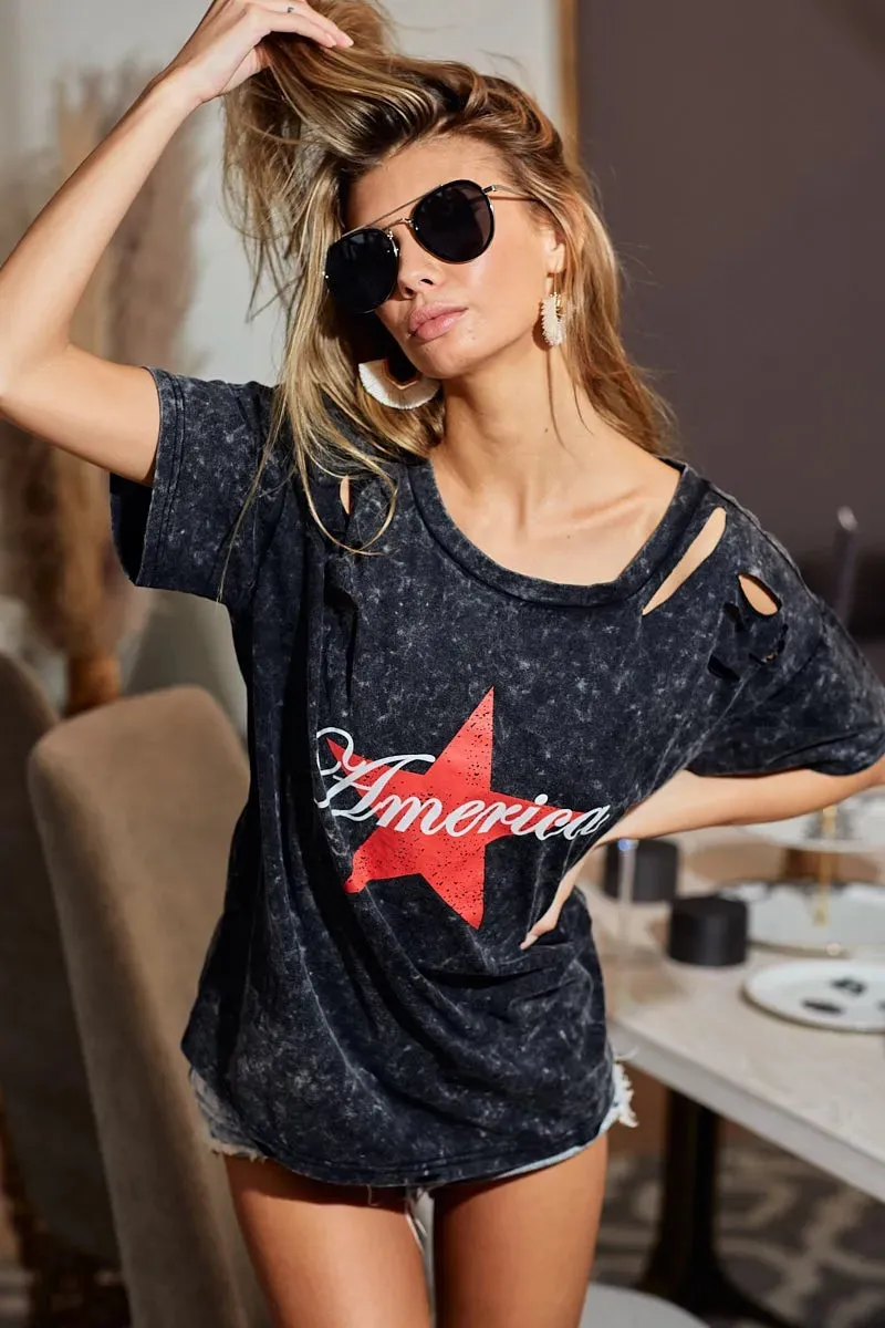 BiBi Laser Cut Mineral Washed Jersey Top with America sold by Charming Charlie product image thumbnail 3