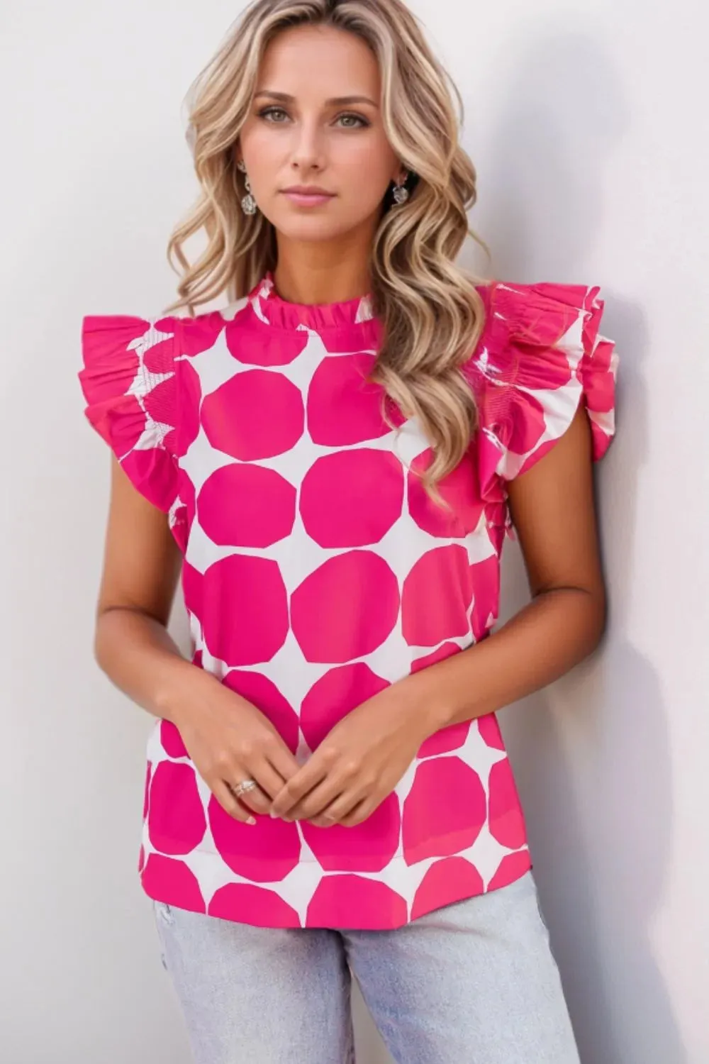 Bubblegum Pattern Frilled Collar Flutter Sleeve Top sold by Charming Charlie