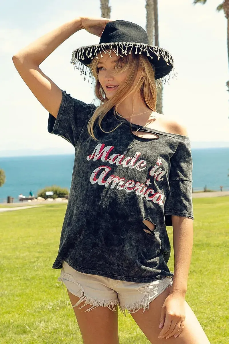 BiBi Laser Cut Mineral Washed America Print Top sold by Charming Charlie