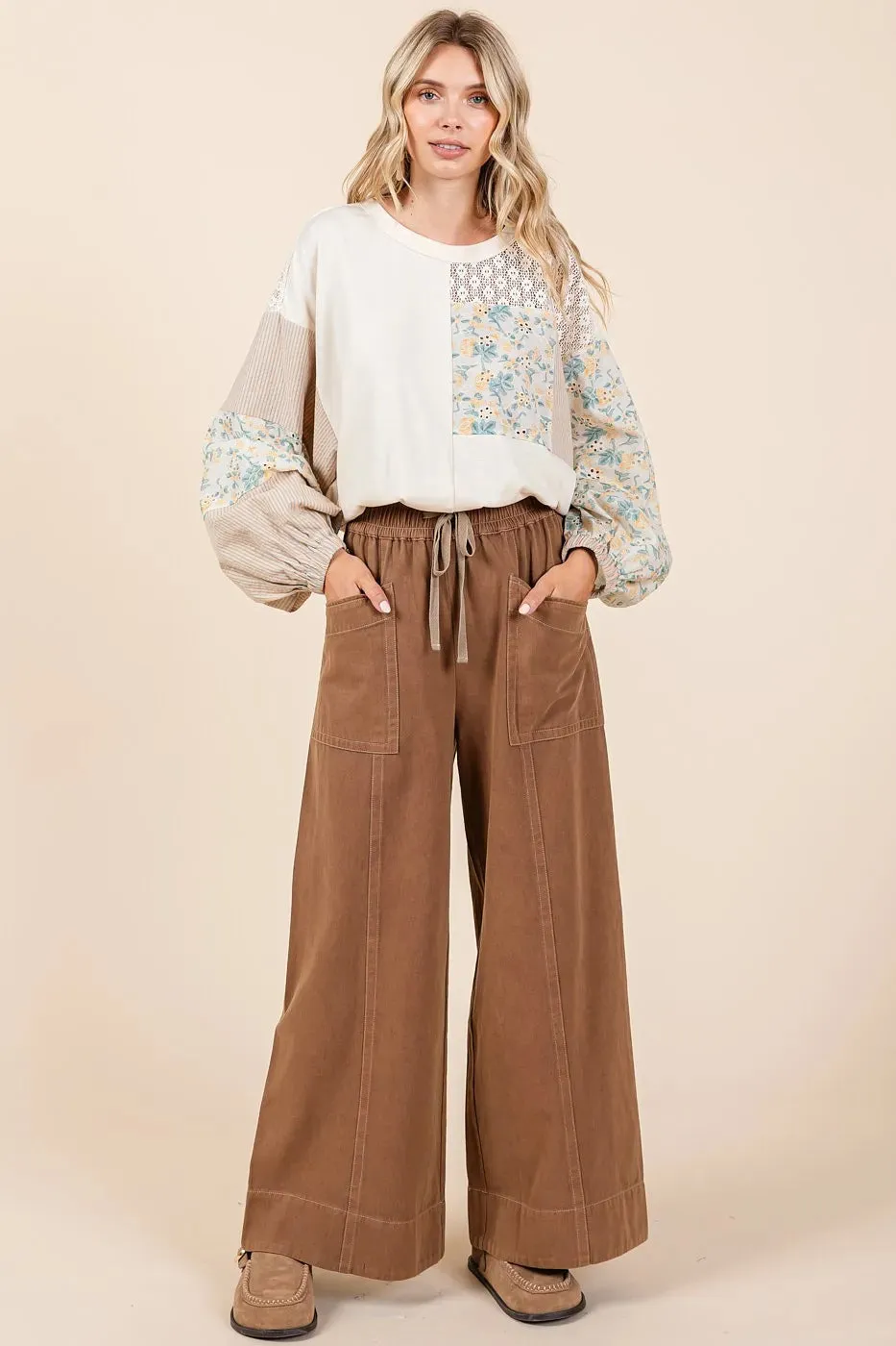 Mittoshop Mineral Wash Wide Leg Elastic Waist Twill Pants sold by Charming Charlie product image thumbnail 5