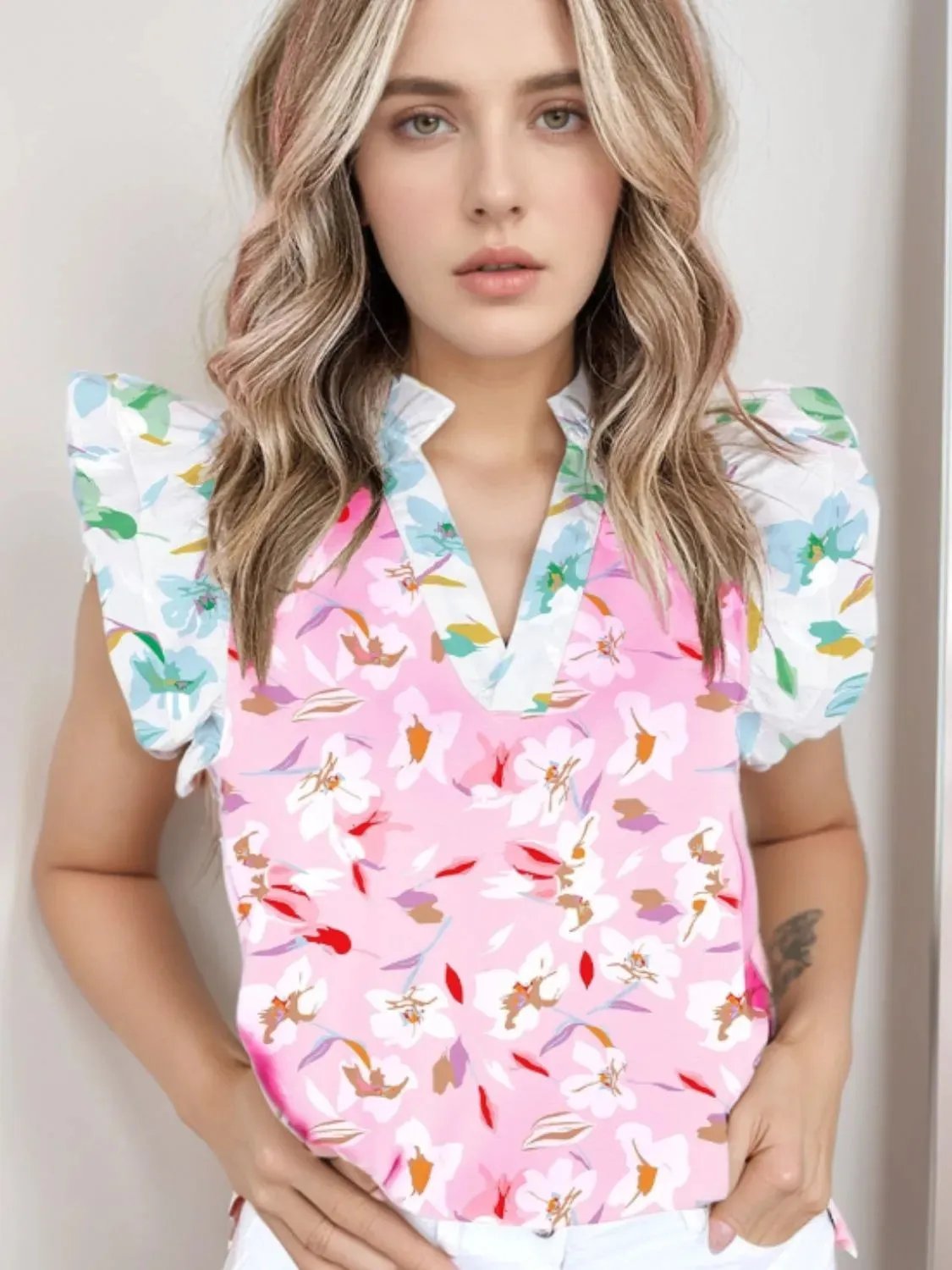 Printed Notched Cap Sleeve Blouse sold by Charming Charlie product image thumbnail 2