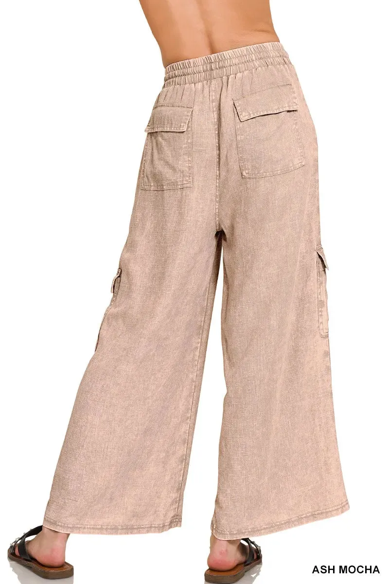Zenana Washed Linen Elastic Band Waist Cargo Pants sold by Charming Charlie product image thumbnail 2