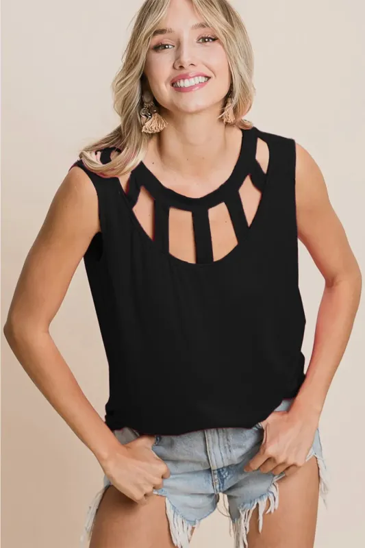 BiBi Cutout Round Neck Sleeveless Top sold by Charming Charlie