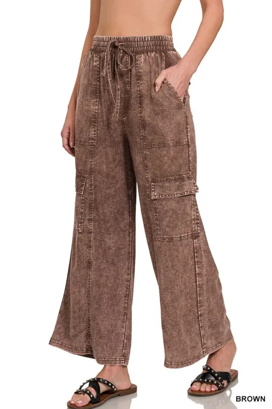 Zenana Washed Linen Elastic Band Waist Cargo Pants sold by Charming Charlie