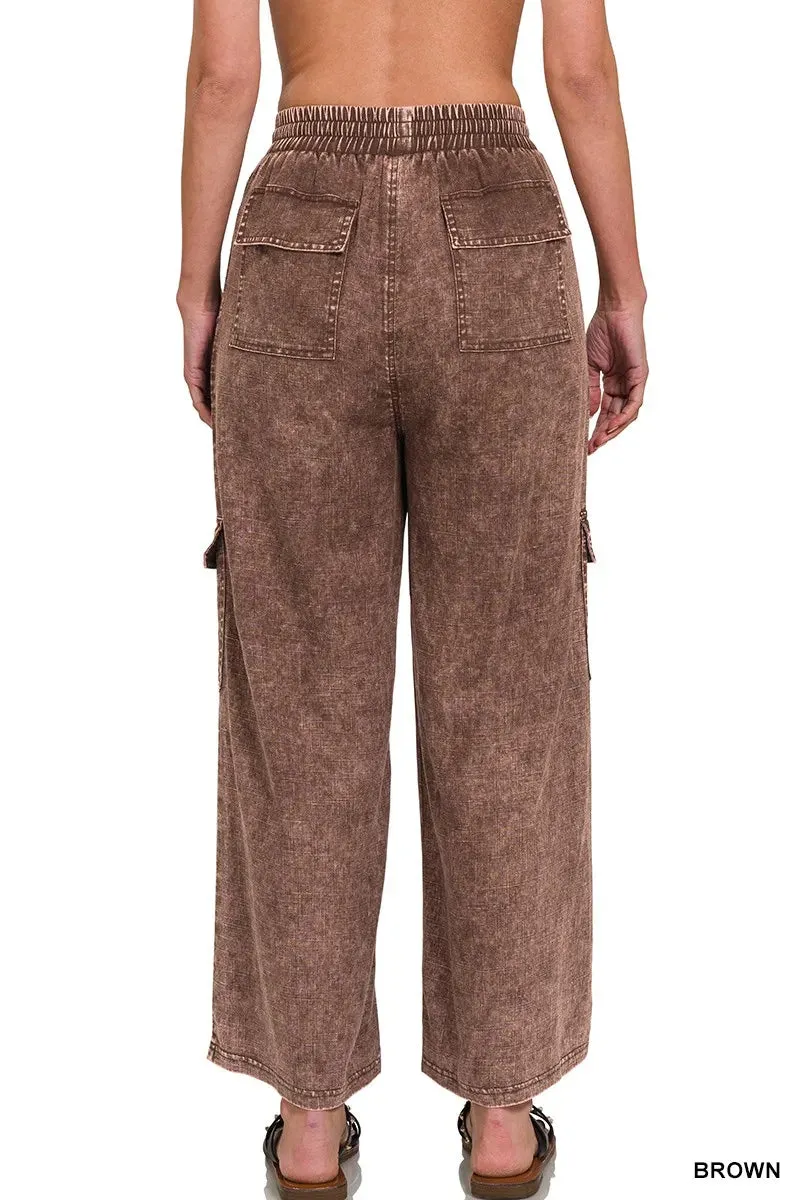 Zenana Washed Linen Elastic Band Waist Cargo Pants sold by Charming Charlie product image thumbnail 3