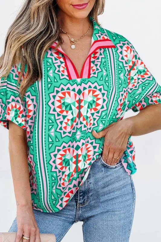 Boho Abstract Print Contrast Striped Collared V Neck Blouse sold by Charming Charlie