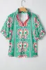 Boho Abstract Print Contrast Striped Collared V Neck Blouse sold by Charming Charlie