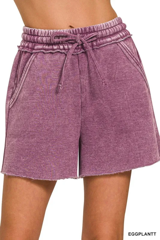Zenana Acid Wash Fleece Drawstring Shorts With Pockets sold by Charming Charlie