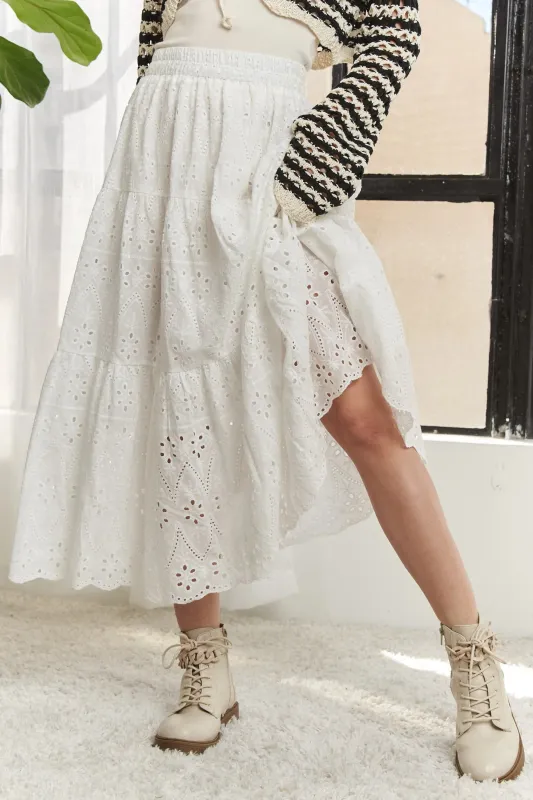ADORA Elastic Waistband Tiered Midi Skirt sold by Charming Charlie