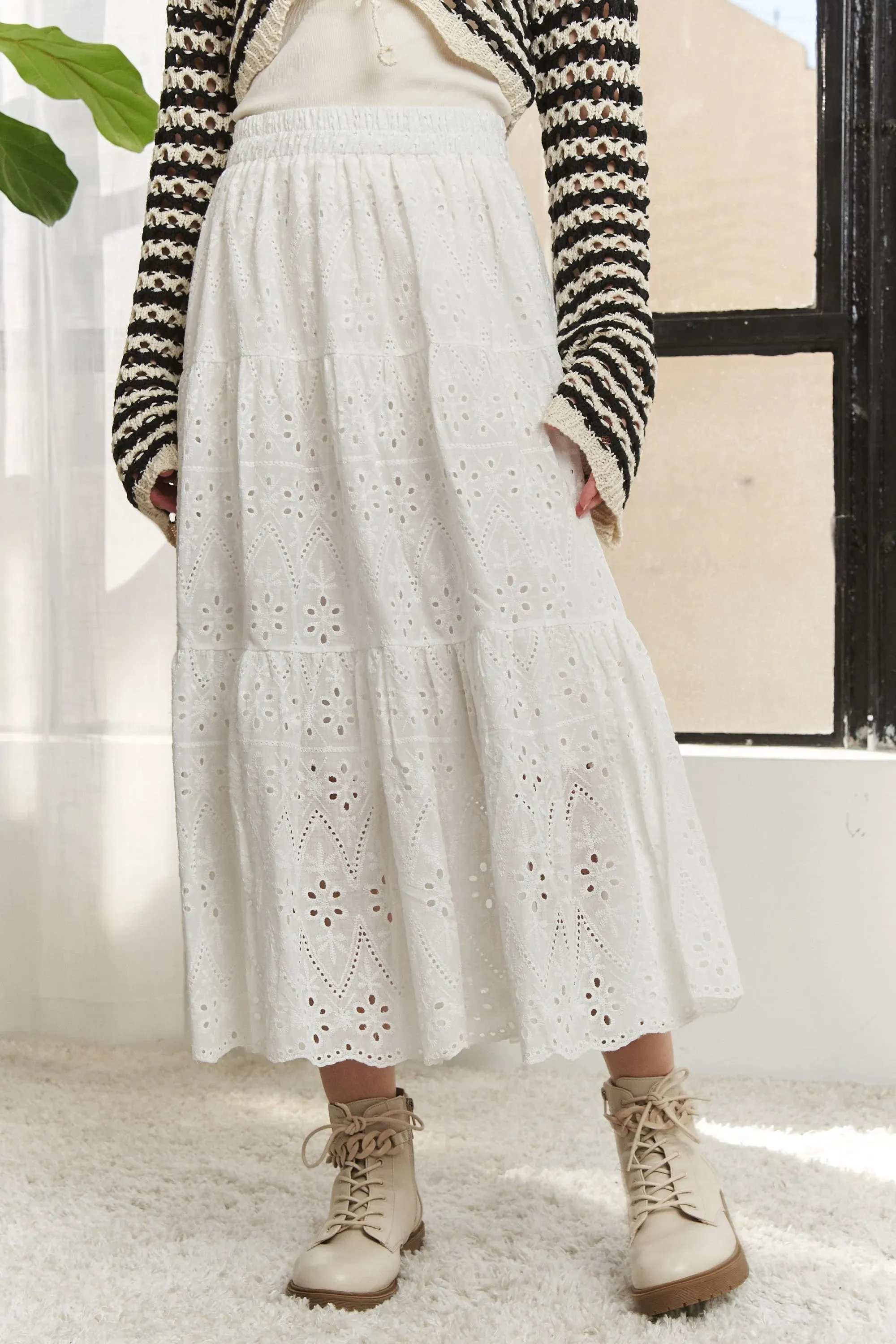 ADORA Elastic Waistband Tiered Midi Skirt sold by Charming Charlie product image thumbnail 2