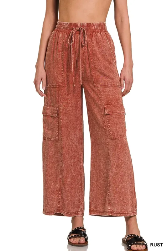 Zenana Washed Linen Elastic Band Waist Cargo Pants sold by Charming Charlie
