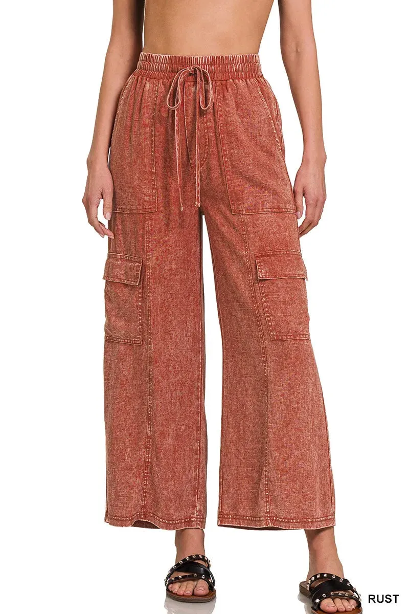 Zenana Washed Linen Elastic Band Waist Cargo Pants sold by Charming Charlie