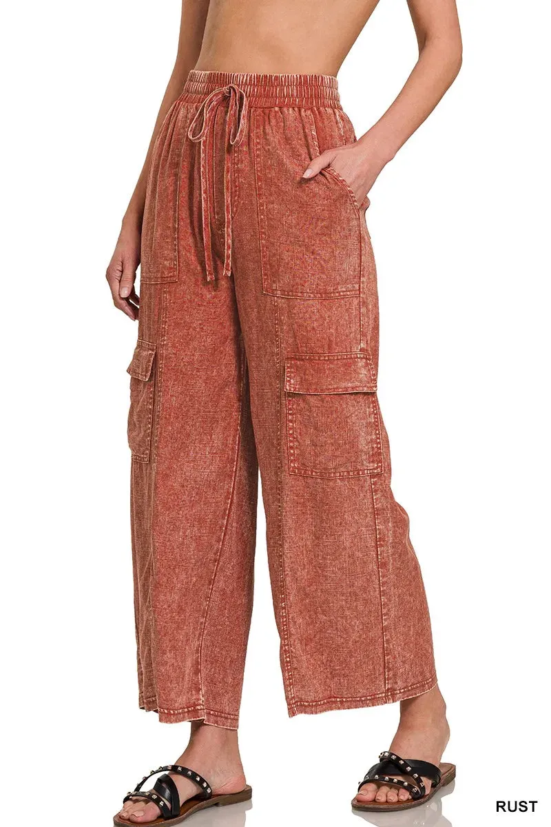 Zenana Washed Linen Elastic Band Waist Cargo Pants sold by Charming Charlie product image thumbnail 2