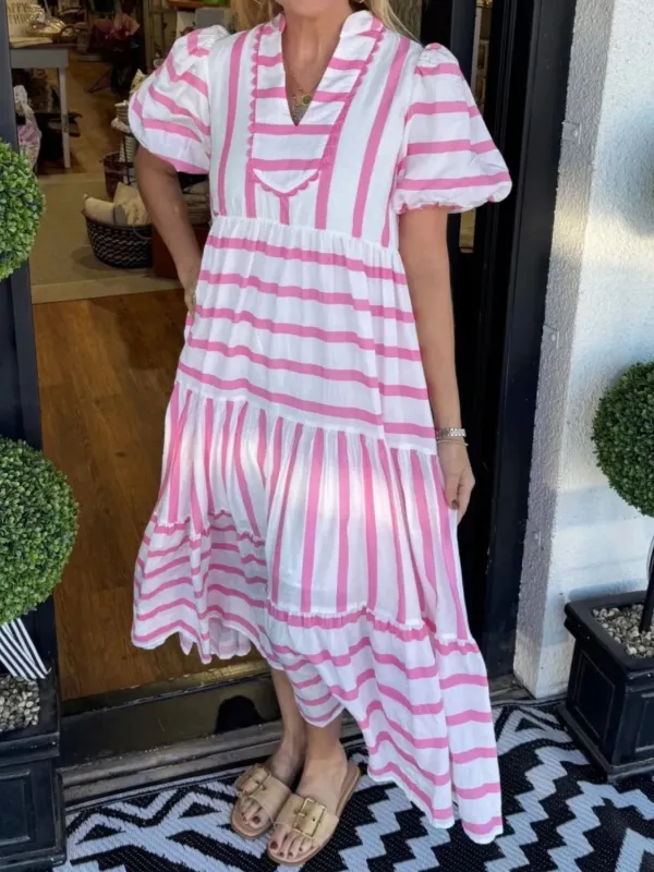 Striped Notched Puff Sleeve Midi Dress sold by Charming Charlie