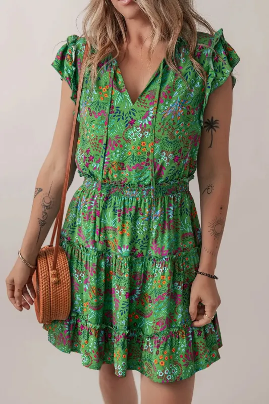 Floral Tie Split Neck Frilly Ruffle Trim Tiered Short Dress sold by Charming Charlie