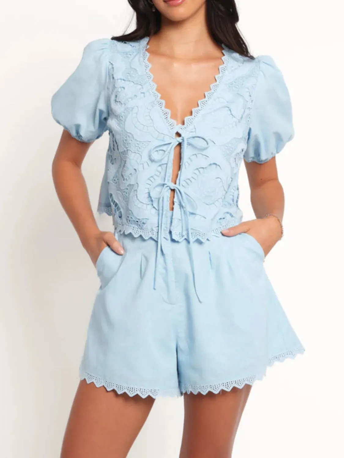 Lace Detail V-Neck Top and Shorts Set sold by Charming Charlie