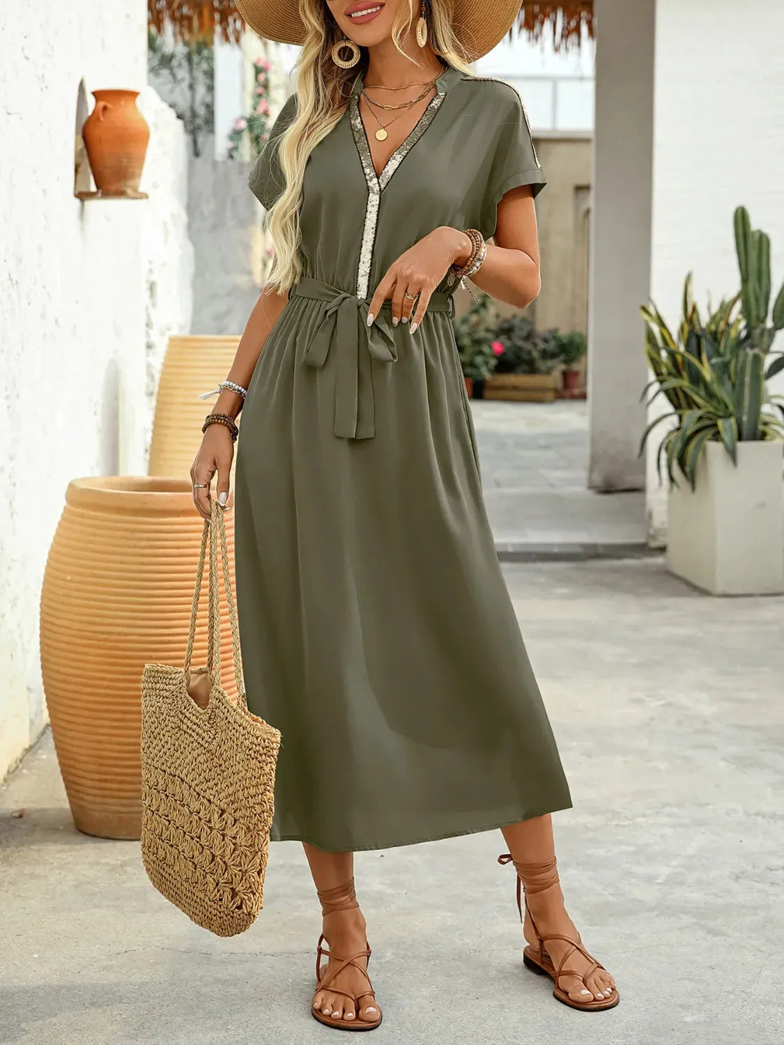 Sequin Notched Short Sleeve Midi Dress sold by Charming Charlie product image thumbnail 2