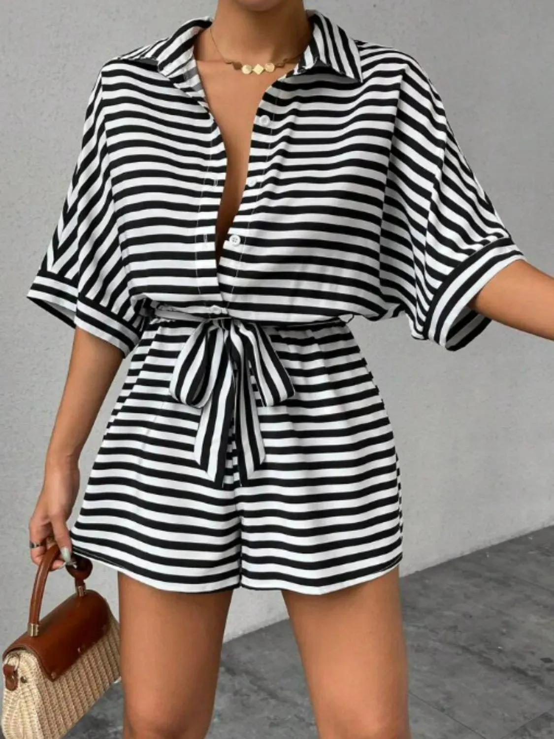 Tie Waist Half Sleeve Romper sold by Charming Charlie product image thumbnail 2