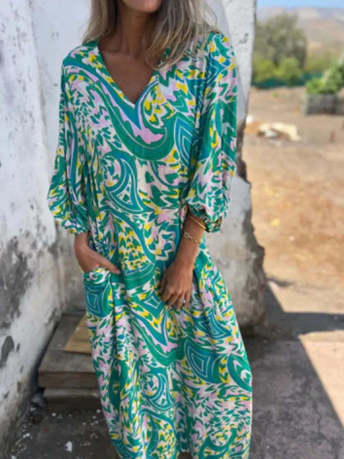 Full Size Printed V-Neck Dress with Pockets Plus Size sold by Charming Charlie product image thumbnail 3