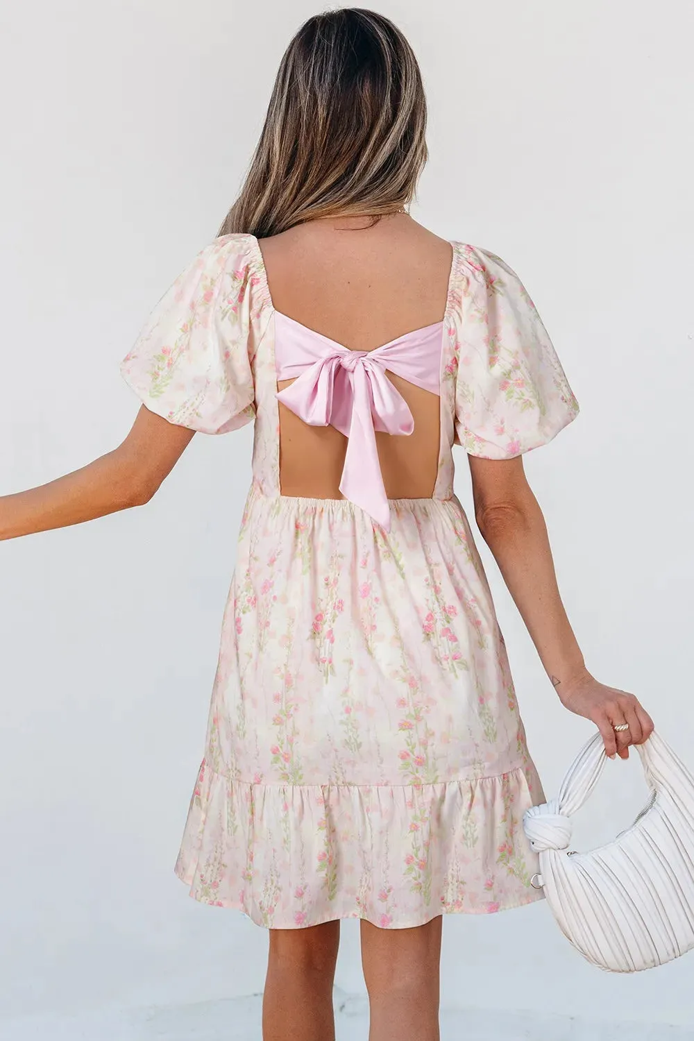 Floral Puff Sleeve Square Neck Knotted Open Back Ruffled Mini Dress sold by Charming Charlie product image thumbnail 5