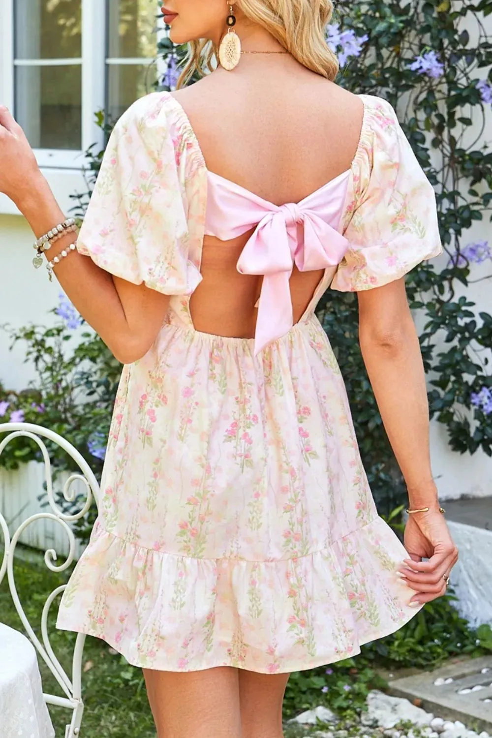 Floral Puff Sleeve Square Neck Knotted Open Back Ruffled Mini Dress sold by Charming Charlie product image thumbnail 2