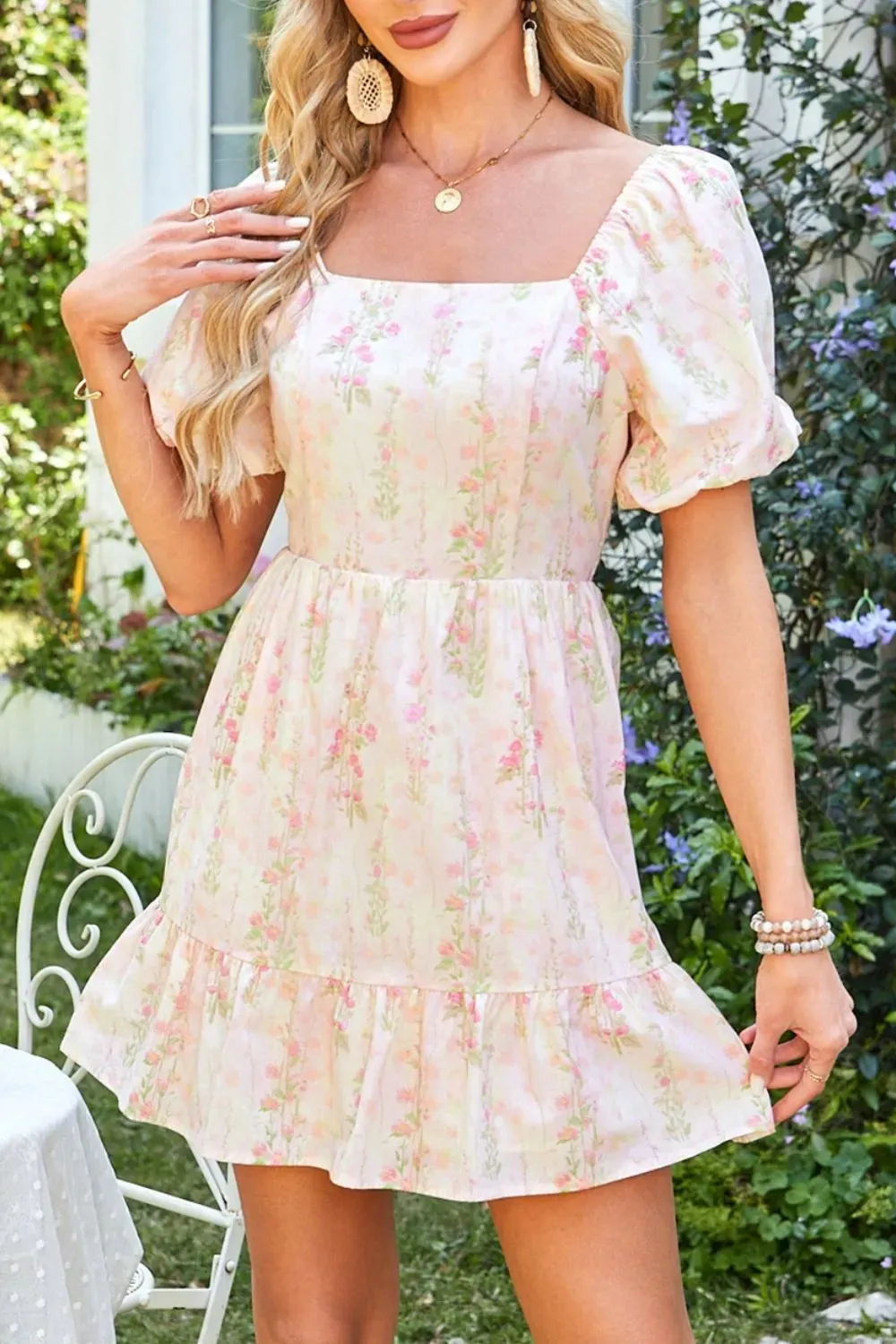 Floral Puff Sleeve Square Neck Knotted Open Back Ruffled Mini Dress sold by Charming Charlie product image thumbnail 3