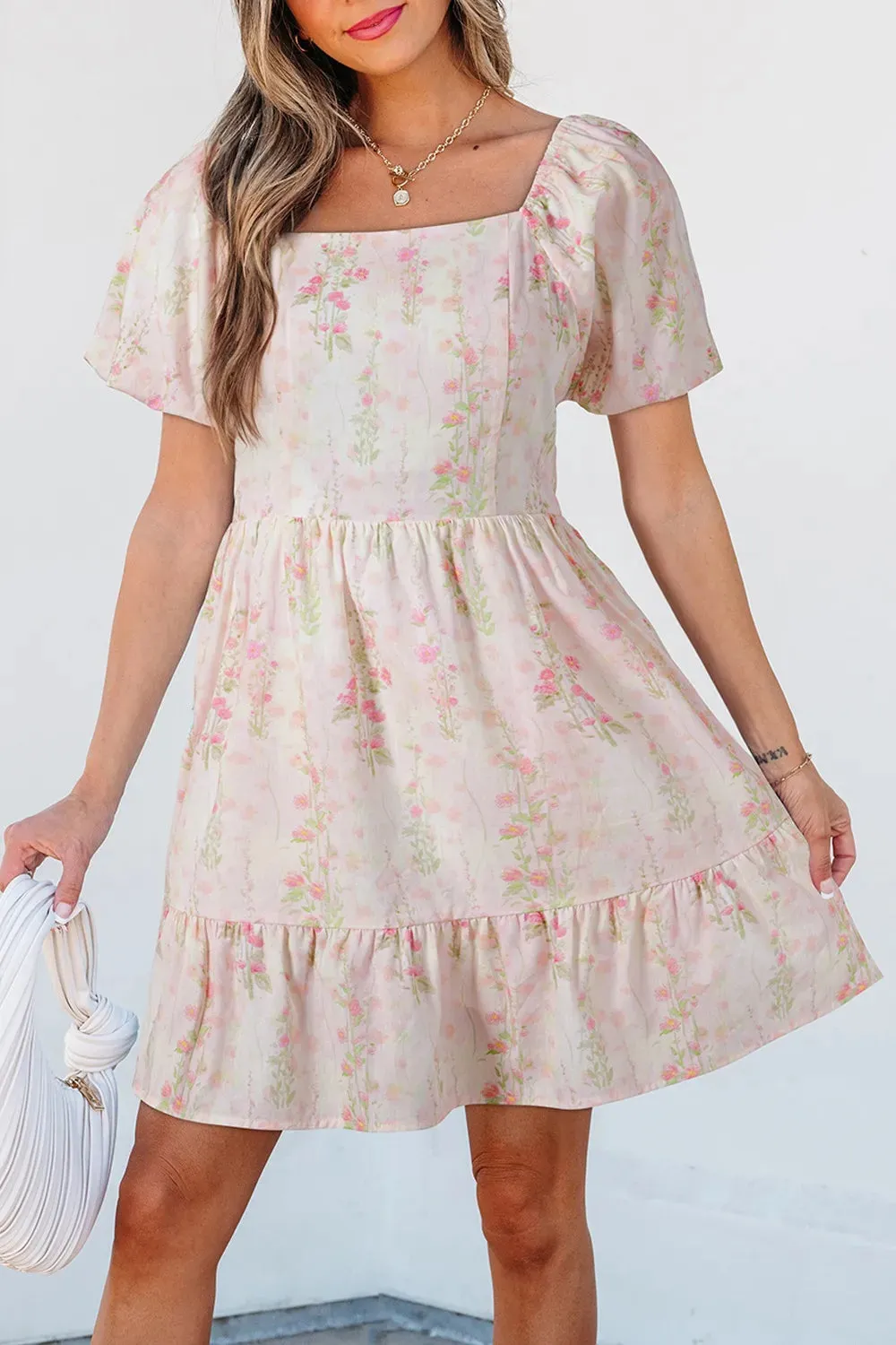 Floral Puff Sleeve Square Neck Knotted Open Back Ruffled Mini Dress sold by Charming Charlie product image thumbnail 4