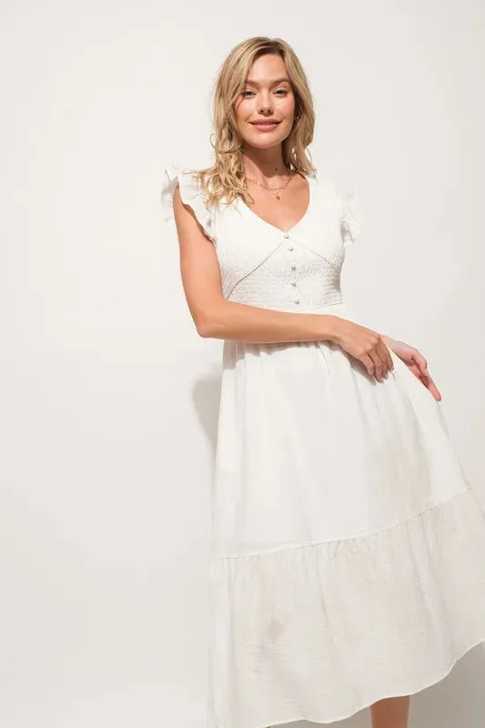 And The Why Ruffle Sleeve Front Smocked Tiered Midi Dress sold by Charming Charlie product image thumbnail 4