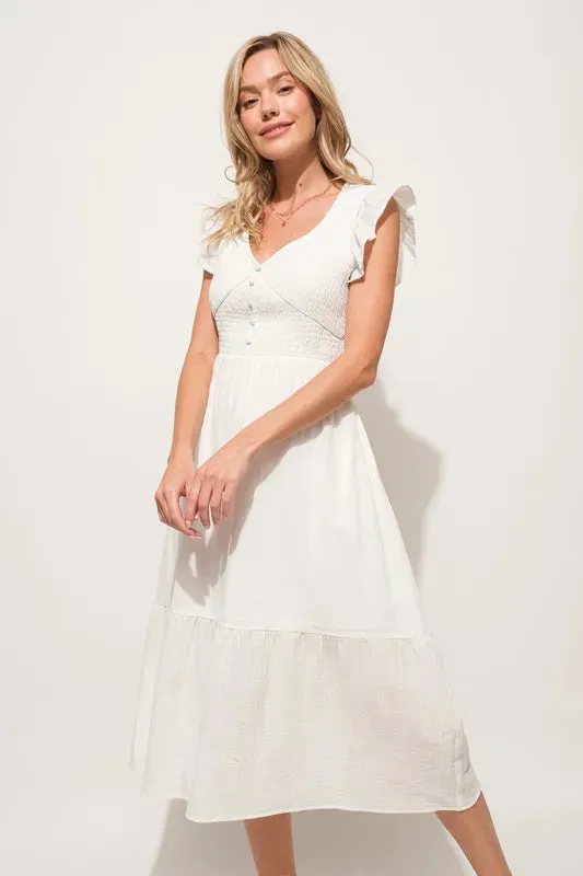 And The Why Ruffle Sleeve Front Smocked Tiered Midi Dress sold by Charming Charlie
