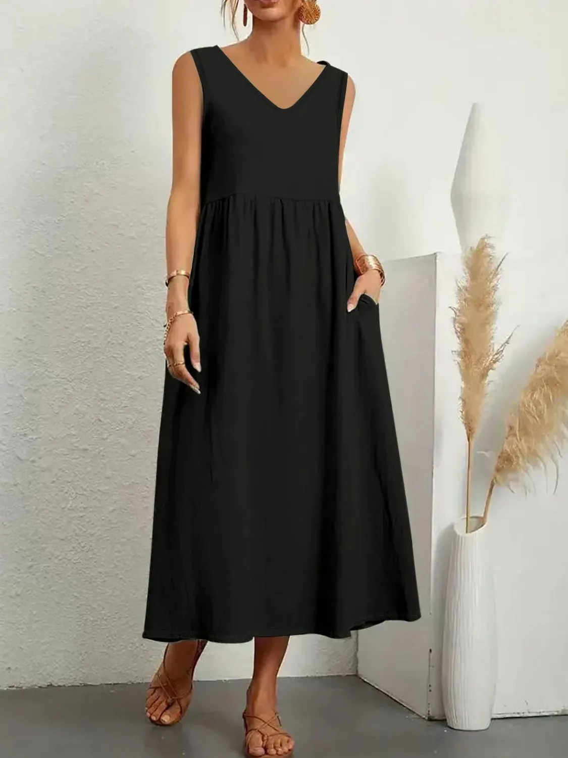 Full Size Pocketed V-Neck Sleeveless Midi Dress Plus Size sold by Charming Charlie product image thumbnail 2