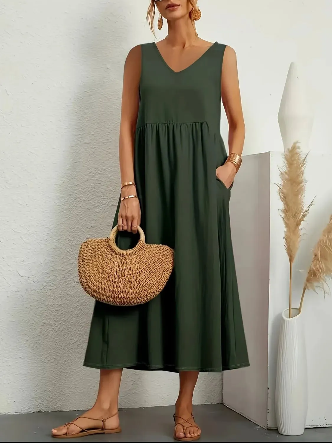 Full Size Pocketed V-Neck Sleeveless Midi Dress Plus Size sold by Charming Charlie product image thumbnail 4