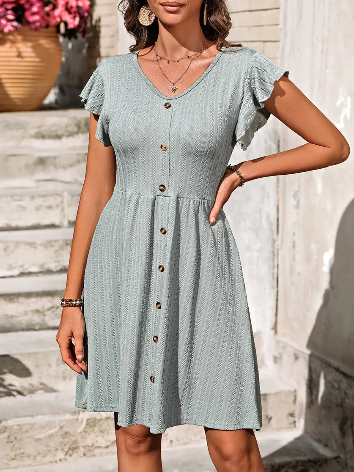 V-Neck Ruffled Cap Sleeve Dress sold by Charming Charlie