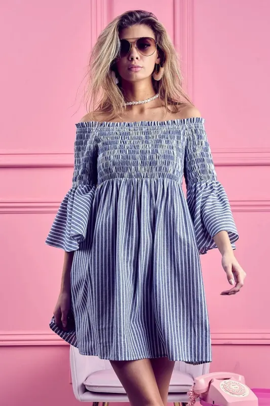 BiBi Smocked Off Shoulder Striped Dress sold by Charming Charlie