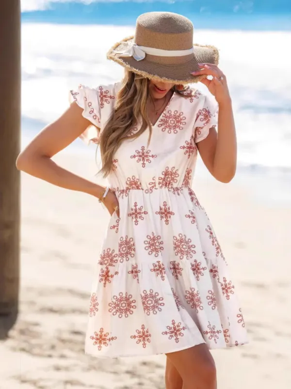 Ruffled Floral V-Neck Cap Sleeve Dress sold by Charming Charlie