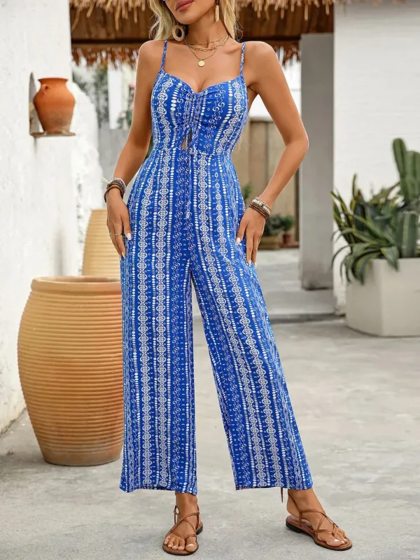 Printed Spaghetti Strap Wide Leg Jumpsuit sold by Charming Charlie