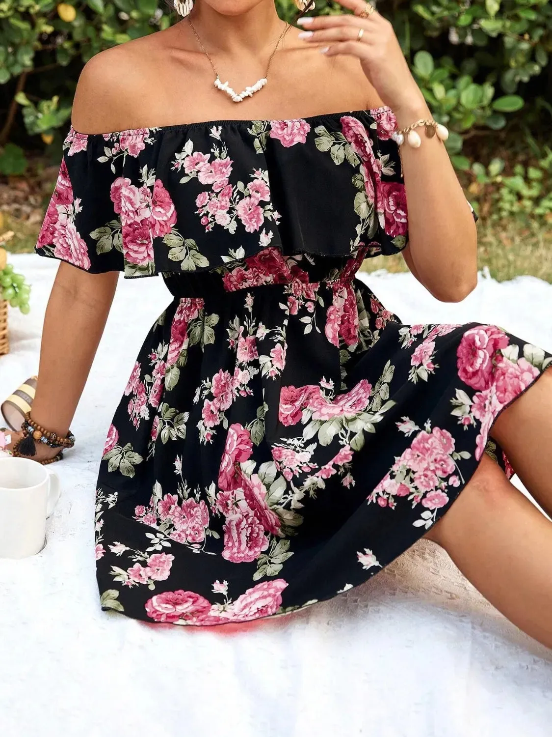 Floral Off-Shoulder Short Sleeve Mini Dress sold by Charming Charlie