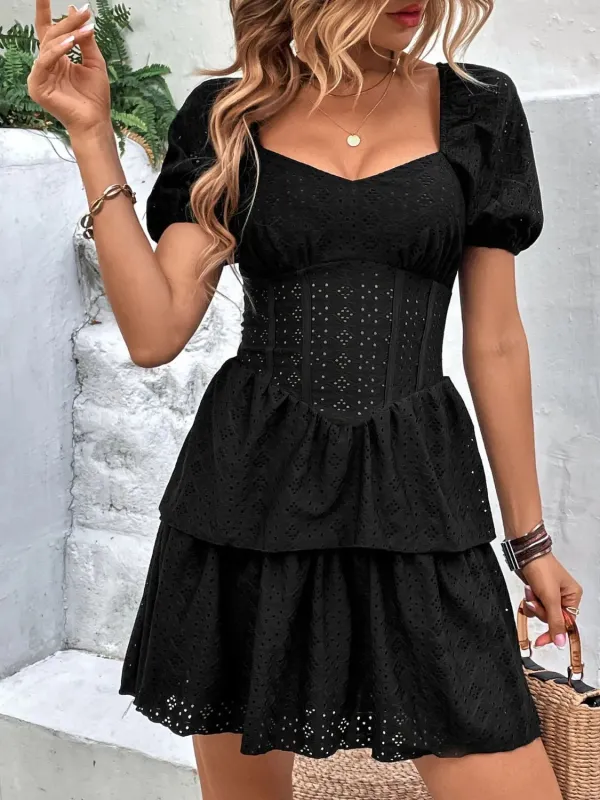 Layered Eyelet Short Sleeve Mini Dress sold by Charming Charlie