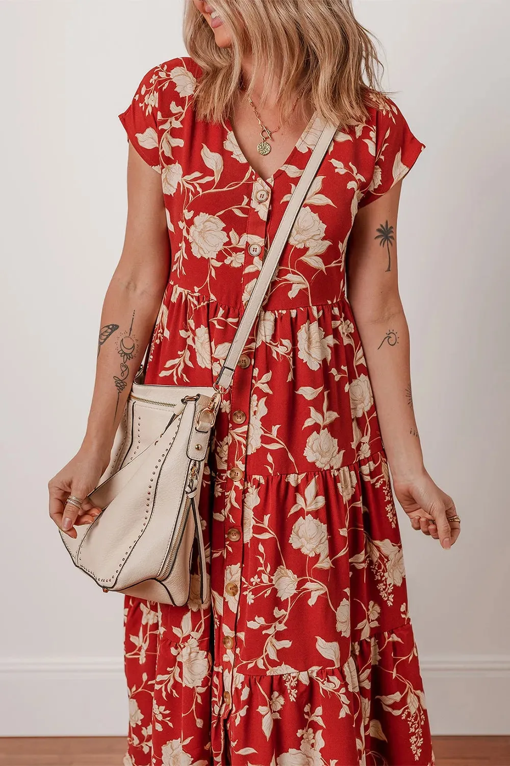 Floral Print Buttoned Front V Neck Tiered Short Sleeve Midi Dress sold by Charming Charlie product image thumbnail 4